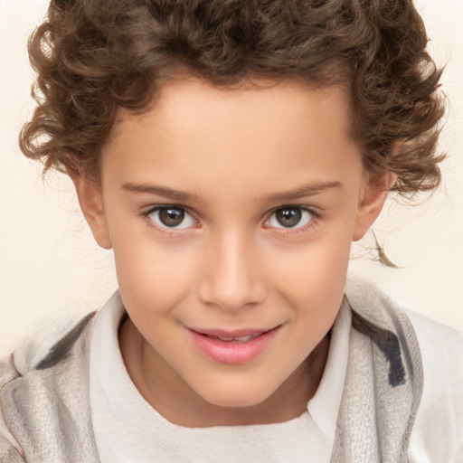 Joyful white child female with short  brown hair and brown eyes