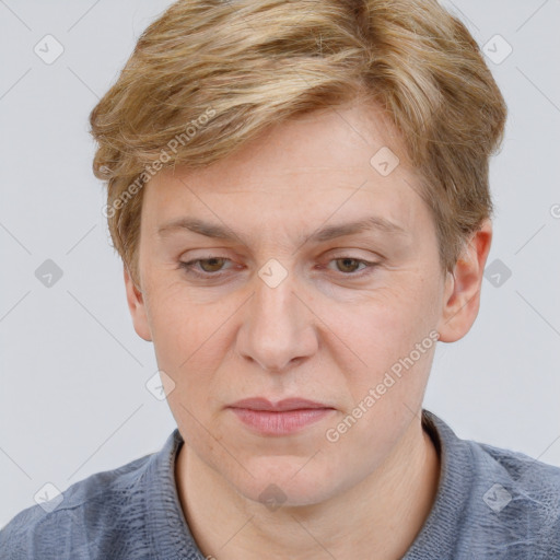 Joyful white adult male with short  brown hair and grey eyes