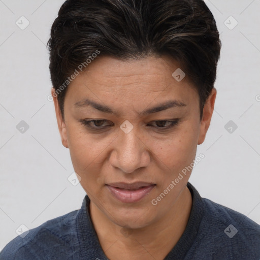 Joyful white adult female with short  brown hair and brown eyes