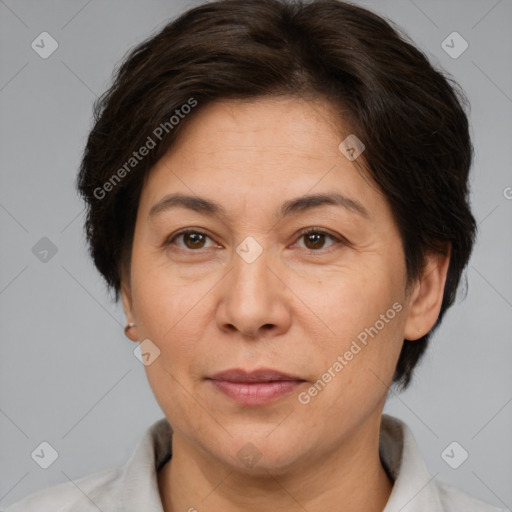 Joyful white adult female with short  brown hair and brown eyes