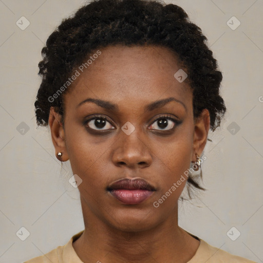 Neutral black young-adult female with short  black hair and brown eyes