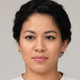 Neutral asian young-adult female with short  brown hair and brown eyes