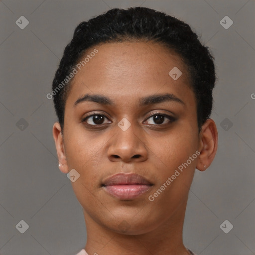 Neutral black young-adult female with short  black hair and brown eyes