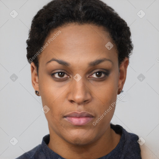 Neutral black young-adult female with short  black hair and brown eyes