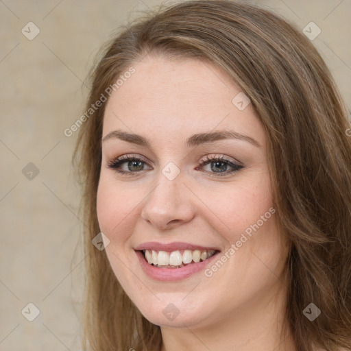 Joyful white young-adult female with medium  brown hair and green eyes