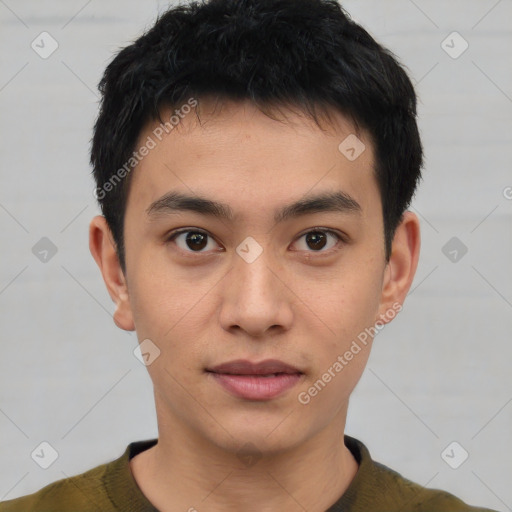 Neutral white young-adult male with short  black hair and brown eyes