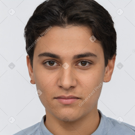 Neutral white young-adult male with short  brown hair and brown eyes