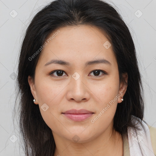 Joyful asian young-adult female with medium  brown hair and brown eyes