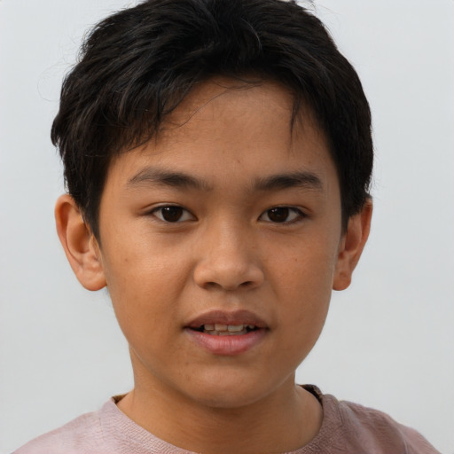 Joyful asian child male with short  brown hair and brown eyes