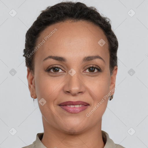 Joyful white adult female with short  brown hair and brown eyes