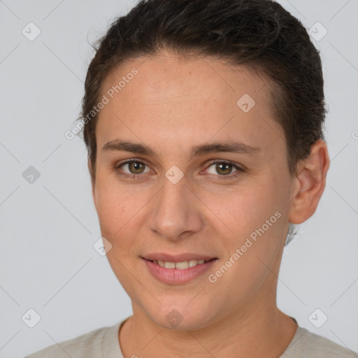 Joyful white young-adult female with short  brown hair and brown eyes