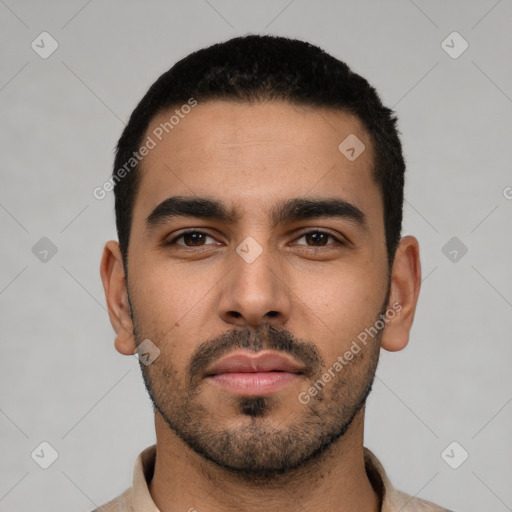 Neutral latino young-adult male with short  black hair and brown eyes