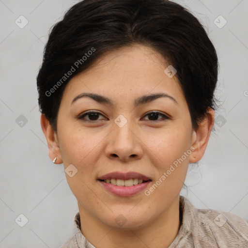 Joyful asian young-adult female with short  brown hair and brown eyes