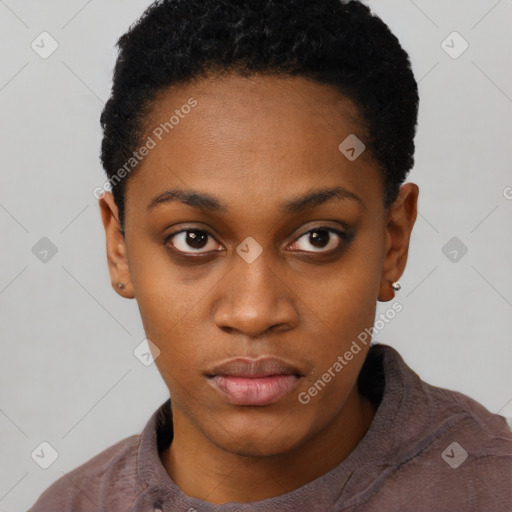 Neutral black young-adult female with short  black hair and brown eyes