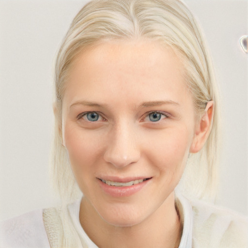 Joyful white young-adult female with medium  blond hair and blue eyes