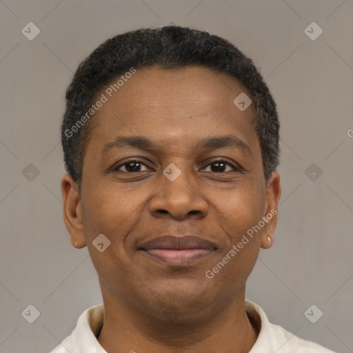Joyful latino adult male with short  brown hair and brown eyes