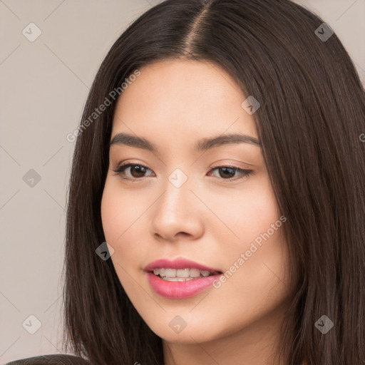 Joyful white young-adult female with long  brown hair and brown eyes