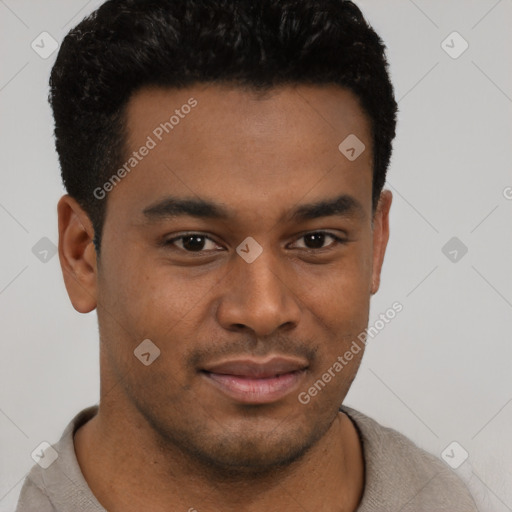 Joyful latino young-adult male with short  brown hair and brown eyes