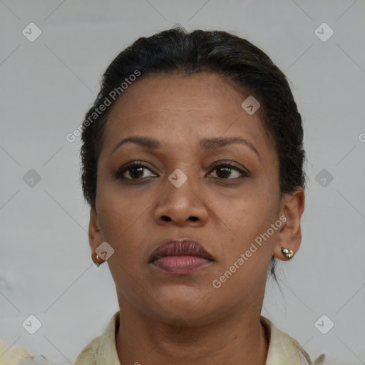 Neutral black adult female with short  brown hair and brown eyes
