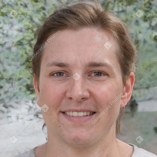 Joyful white adult female with short  brown hair and grey eyes