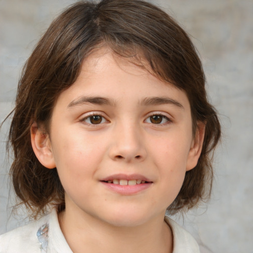 Joyful white child female with medium  brown hair and brown eyes