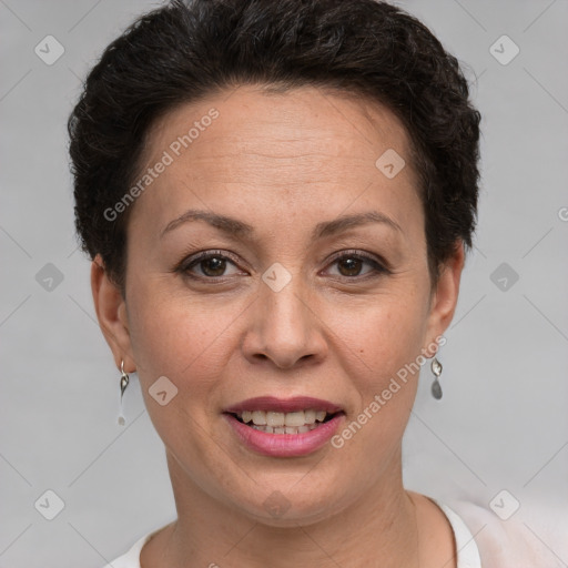 Joyful white adult female with short  brown hair and brown eyes