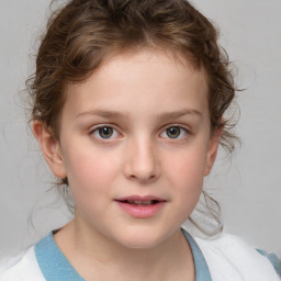 Joyful white child female with medium  brown hair and blue eyes