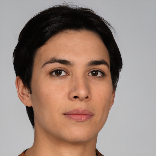 Neutral asian young-adult female with short  black hair and brown eyes