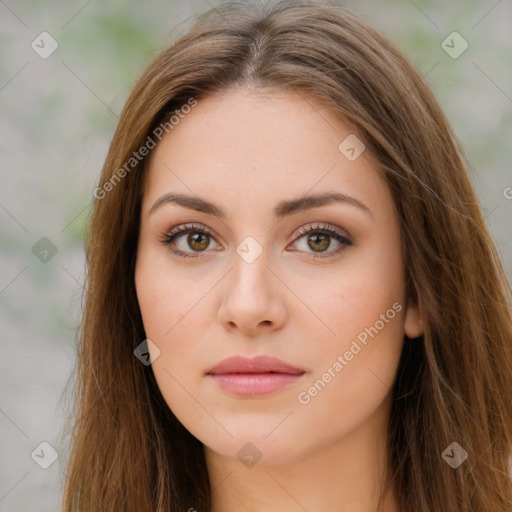 Neutral white young-adult female with long  brown hair and brown eyes