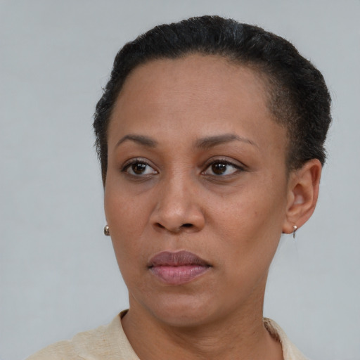 Neutral black adult female with short  brown hair and brown eyes