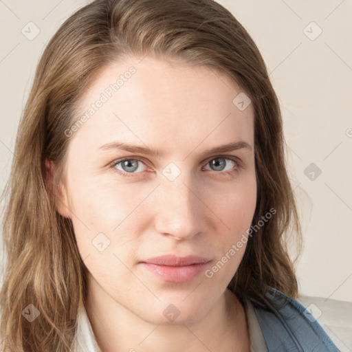 Neutral white young-adult female with medium  brown hair and blue eyes