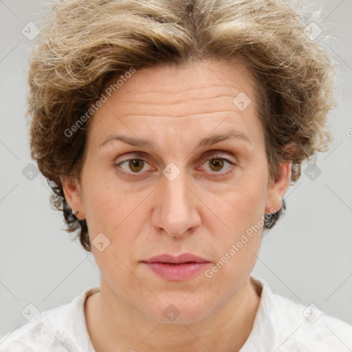 Joyful white adult female with short  brown hair and grey eyes