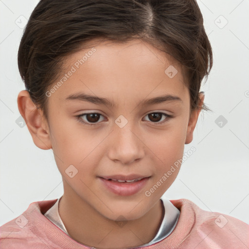 Joyful white child female with short  brown hair and brown eyes