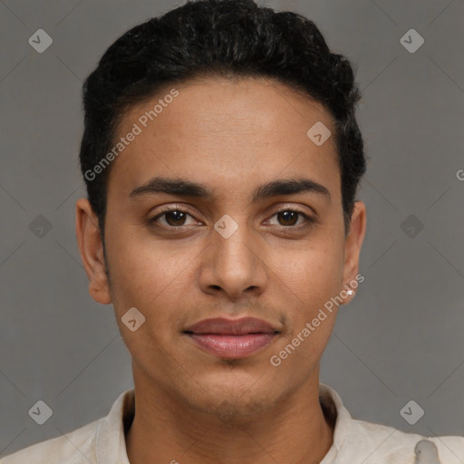 Joyful latino young-adult male with short  brown hair and brown eyes