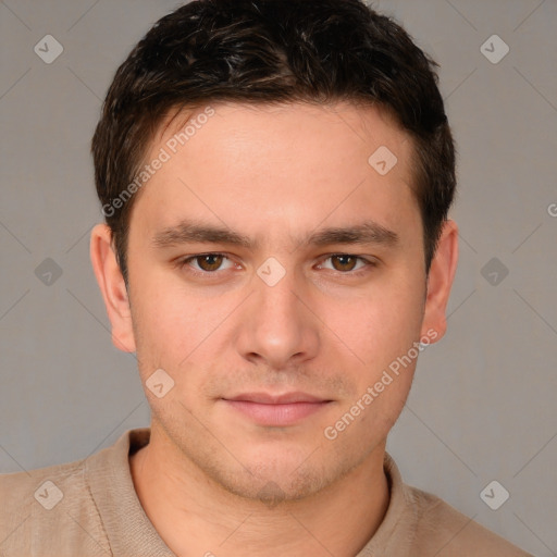 Neutral white young-adult male with short  brown hair and brown eyes