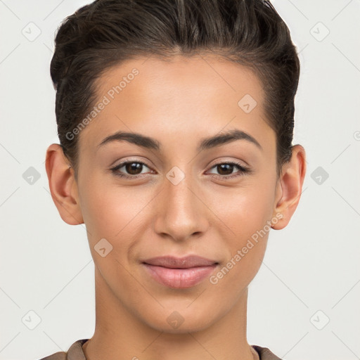 Joyful white young-adult female with short  brown hair and brown eyes