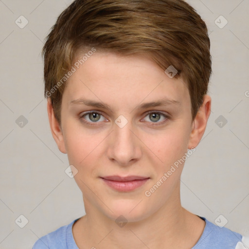 Joyful white young-adult female with short  brown hair and grey eyes