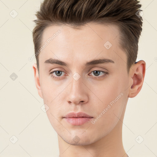 Neutral white young-adult male with short  brown hair and brown eyes