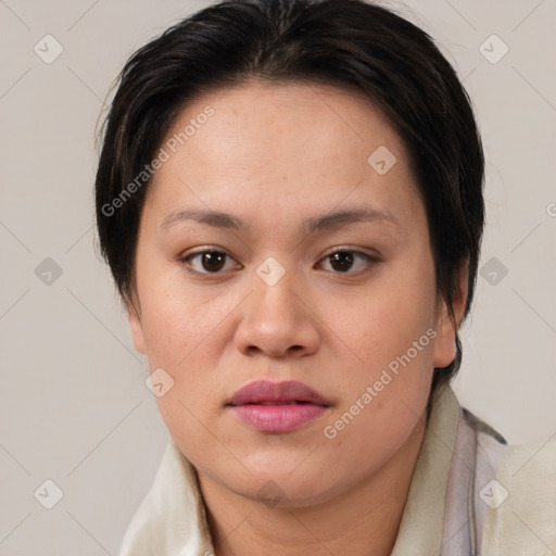 Neutral white young-adult female with medium  brown hair and brown eyes