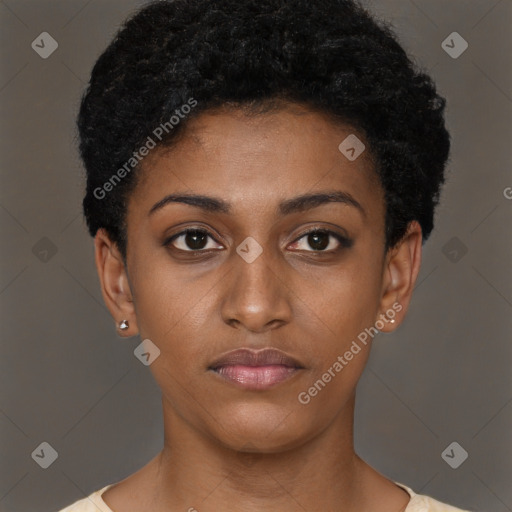 Neutral black young-adult female with short  black hair and brown eyes