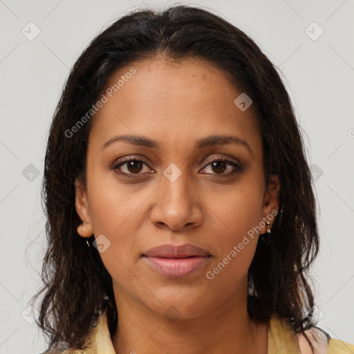 Joyful black young-adult female with medium  brown hair and brown eyes