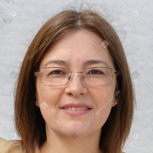 Joyful white adult female with medium  brown hair and brown eyes