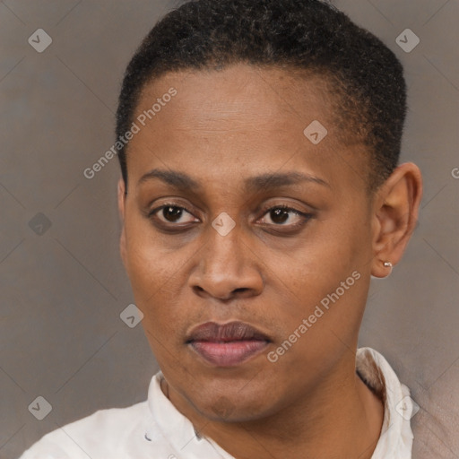 Joyful black adult female with short  black hair and brown eyes