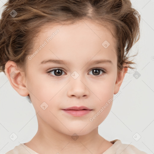 Joyful white child female with short  brown hair and brown eyes