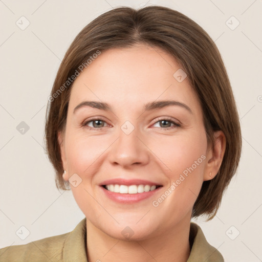 Joyful white young-adult female with medium  brown hair and grey eyes