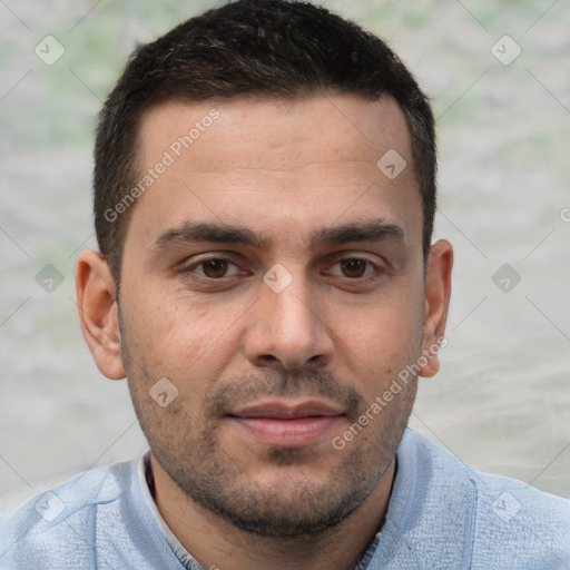 Joyful white young-adult male with short  brown hair and brown eyes