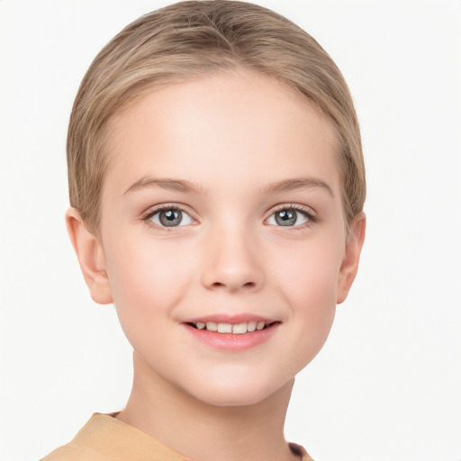 Joyful white child female with short  brown hair and grey eyes