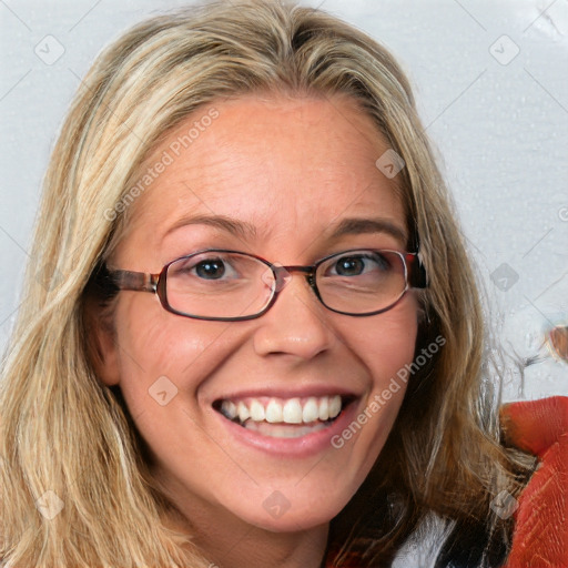 Joyful white adult female with medium  brown hair and blue eyes