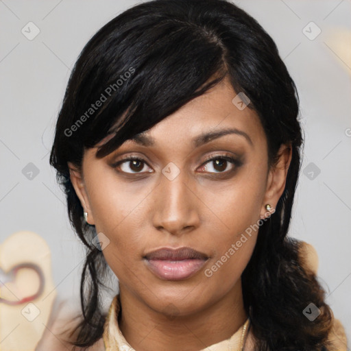 Neutral asian young-adult female with medium  black hair and brown eyes