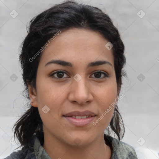 Joyful latino young-adult female with medium  brown hair and brown eyes